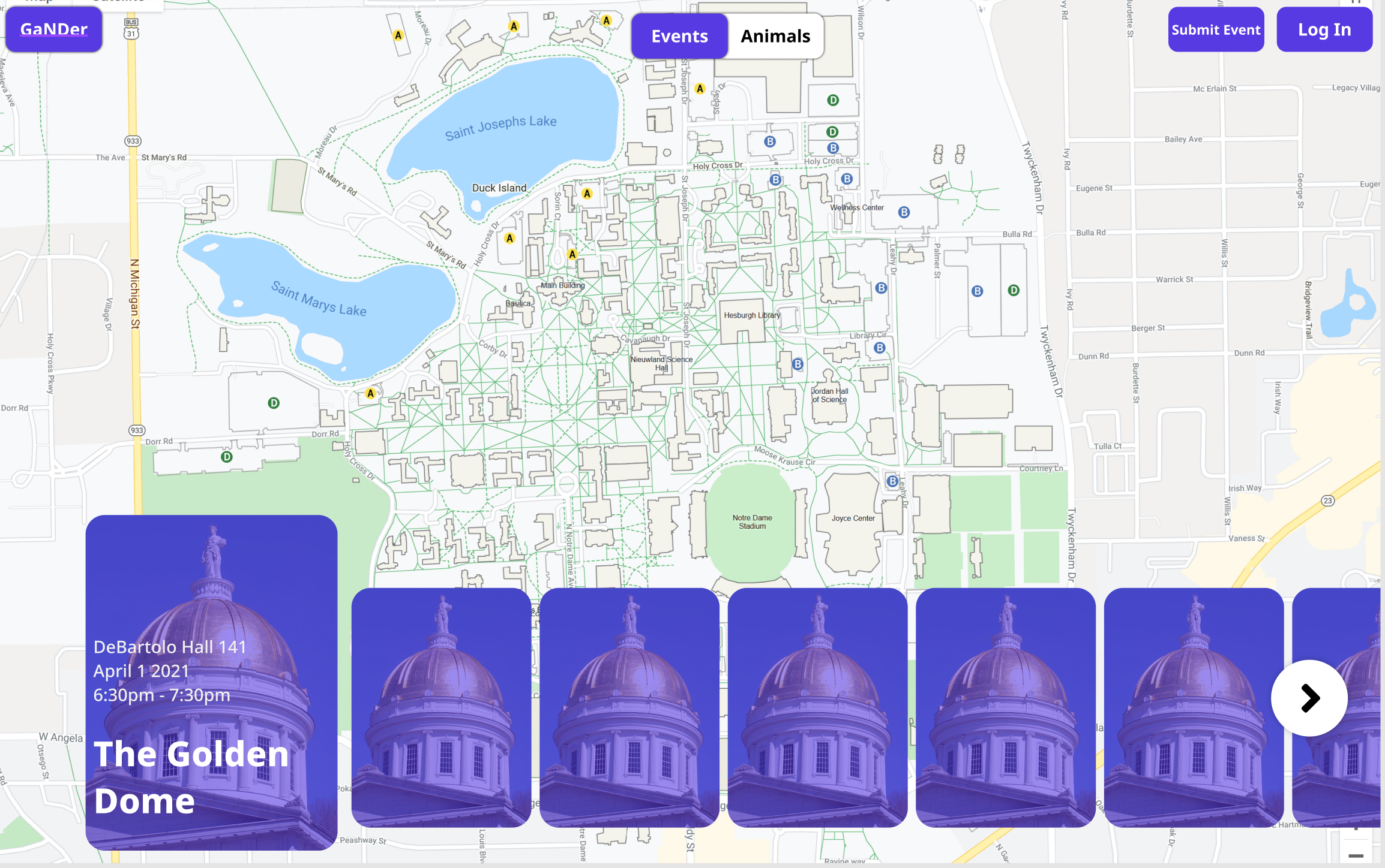 A screenshot demo of Notre Dame Event Tracker