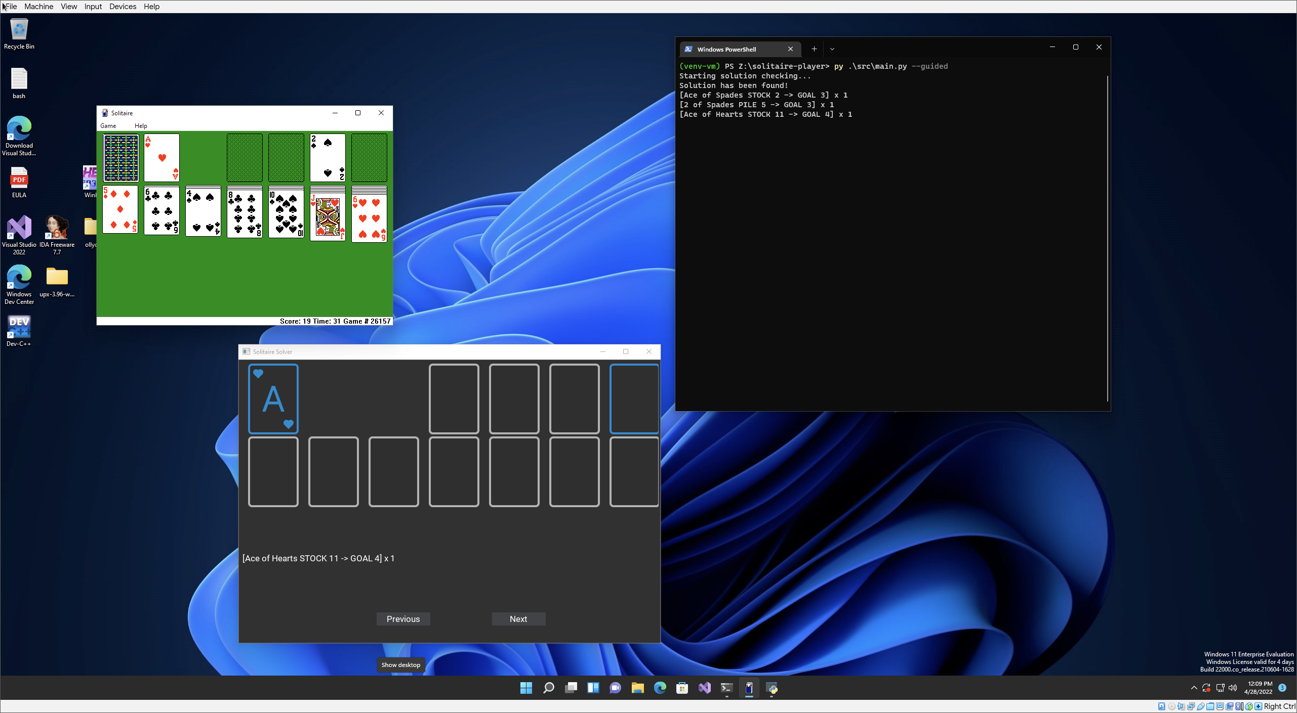 A screenshot demo of Windows 3.0 Solitaire Solver and Player